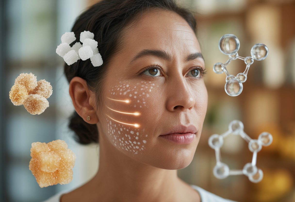 Close-up of a woman's face with subtle skin aging signs surrounded by floating sugar molecules and chemical structures.