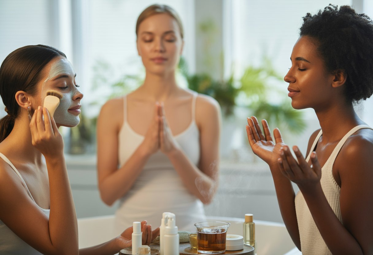 Three women in a bright bathroom practicing beauty and relaxation routines, including applying a facial mask, meditating, and massaging oils, surrounded by skincare products and plants.