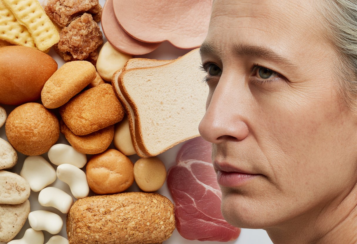 A close-up of various inflammatory foods like sugary snacks, fried items, white bread, and red meat arranged on a white surface with subtle imagery suggesting skin aging.