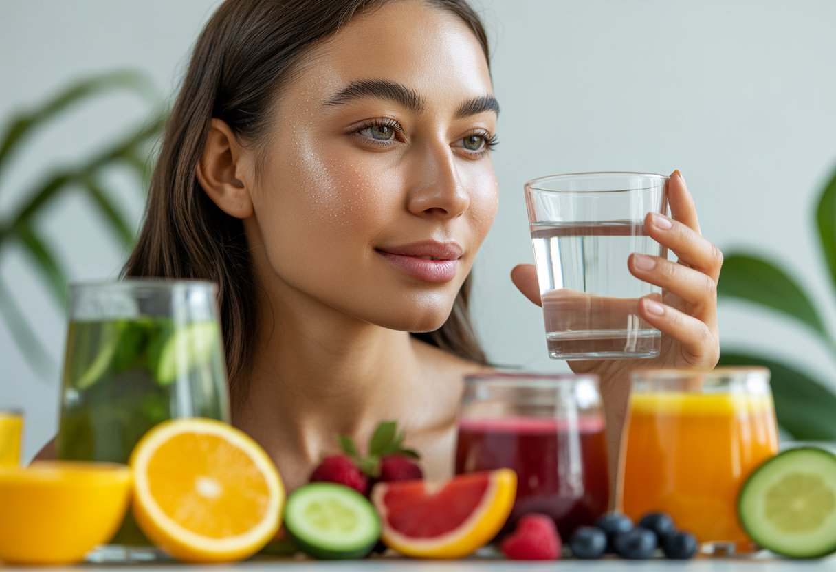 A young woman with glowing skin holding a glass of water surrounded by fresh fruits and colorful beverages.