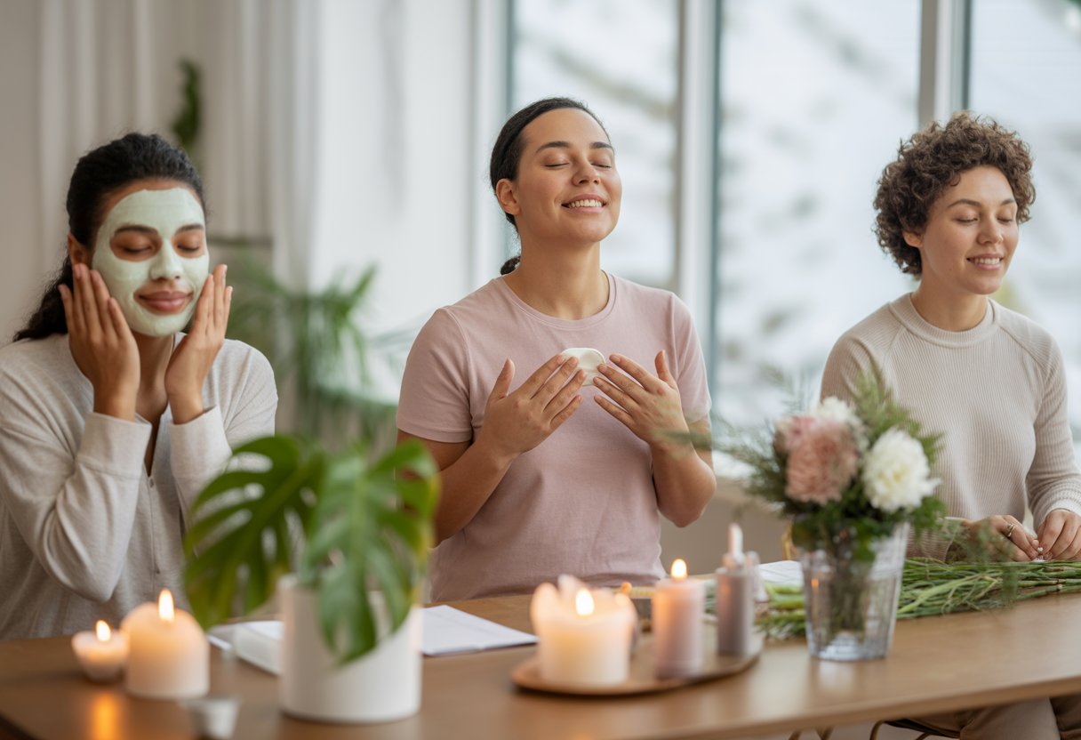 Three adults practicing self-care activities in a bright room with plants and skincare products.