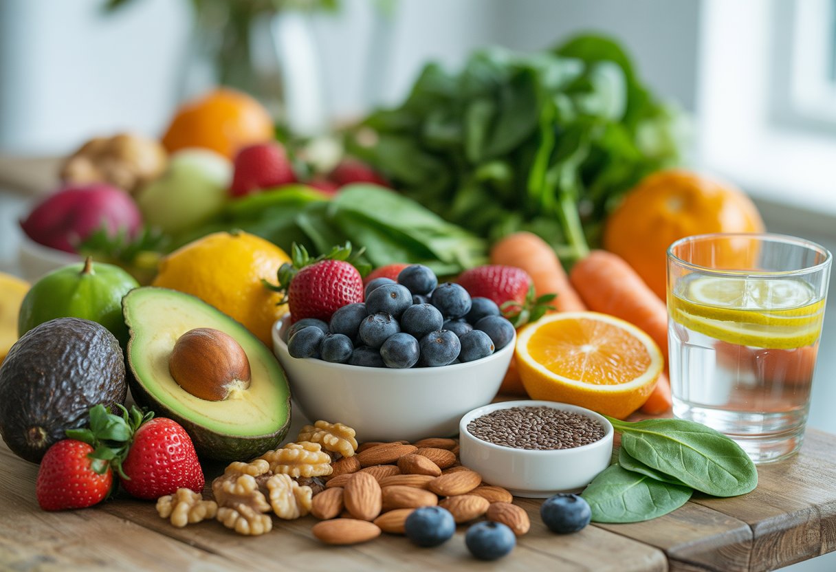 A table with a colorful assortment of fresh fruits, vegetables, nuts, and seeds promoting healthy skin.