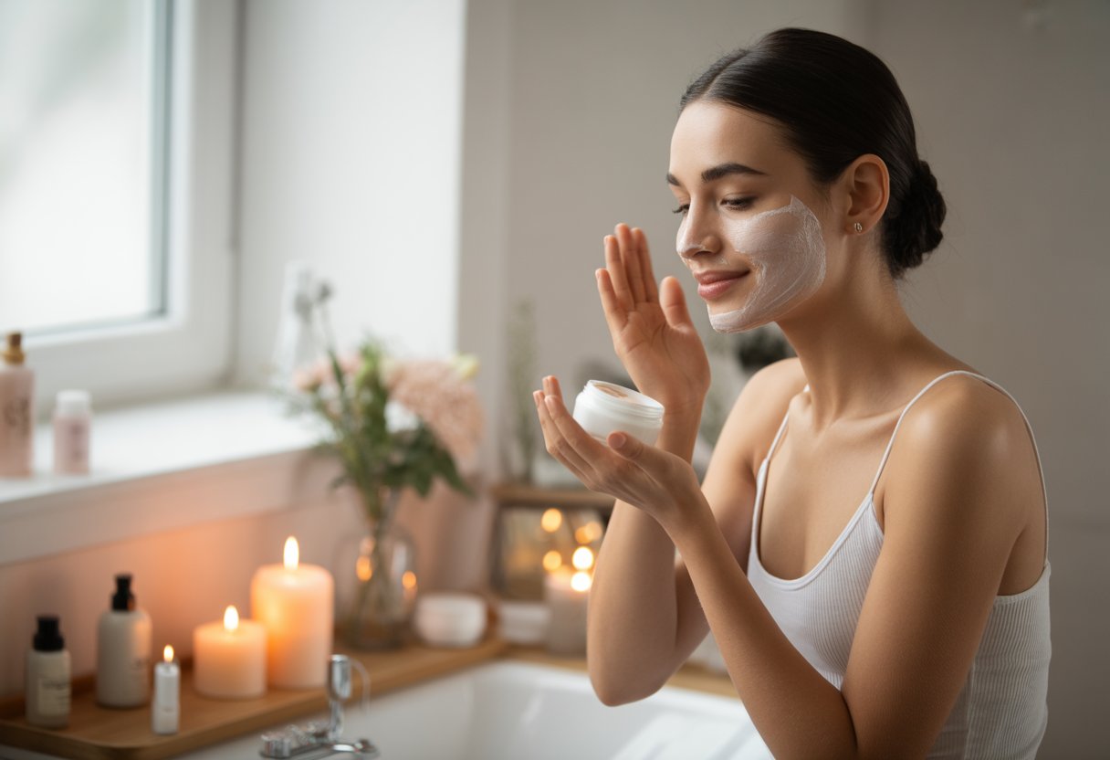 A young woman calmly applying skincare products in a bright bathroom surrounded by candles and flowers.