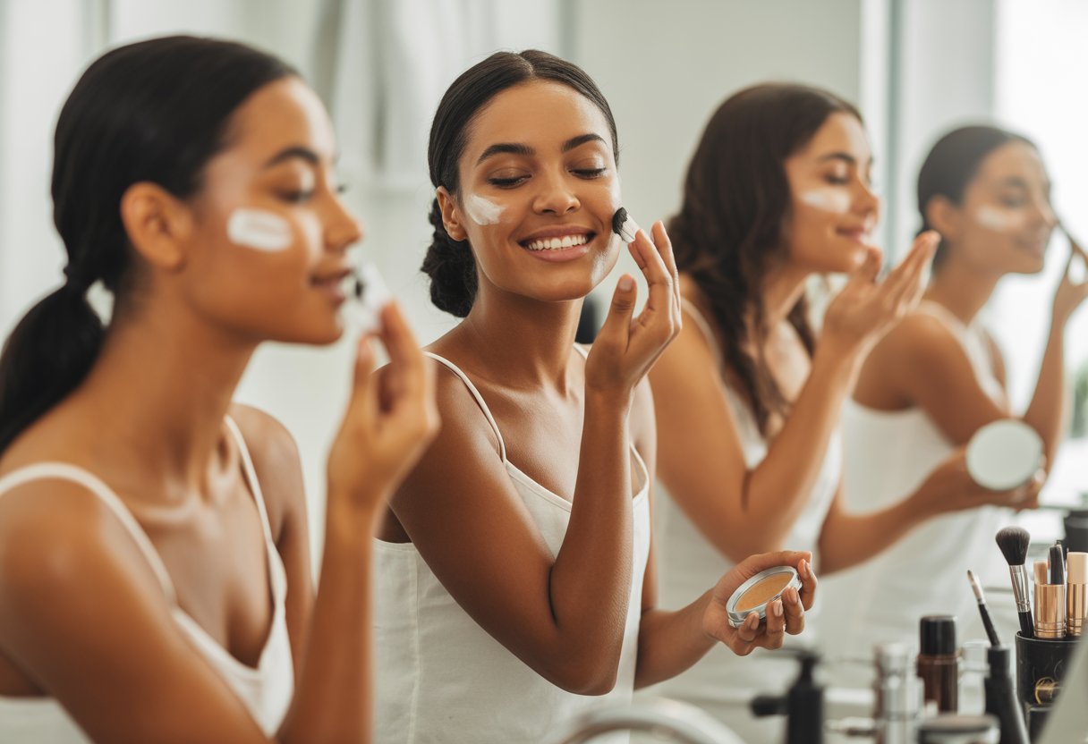 A group of women practicing skincare and makeup routines in a calm bathroom setting, appearing relaxed and content.