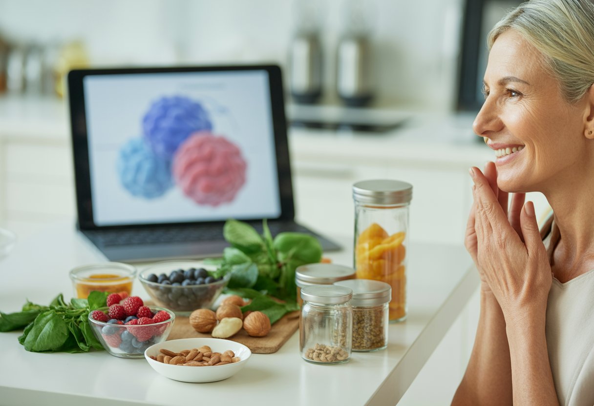 A middle-aged woman with glowing skin in a bright kitchen surrounded by fresh fruits, vegetables, and herbal supplements.