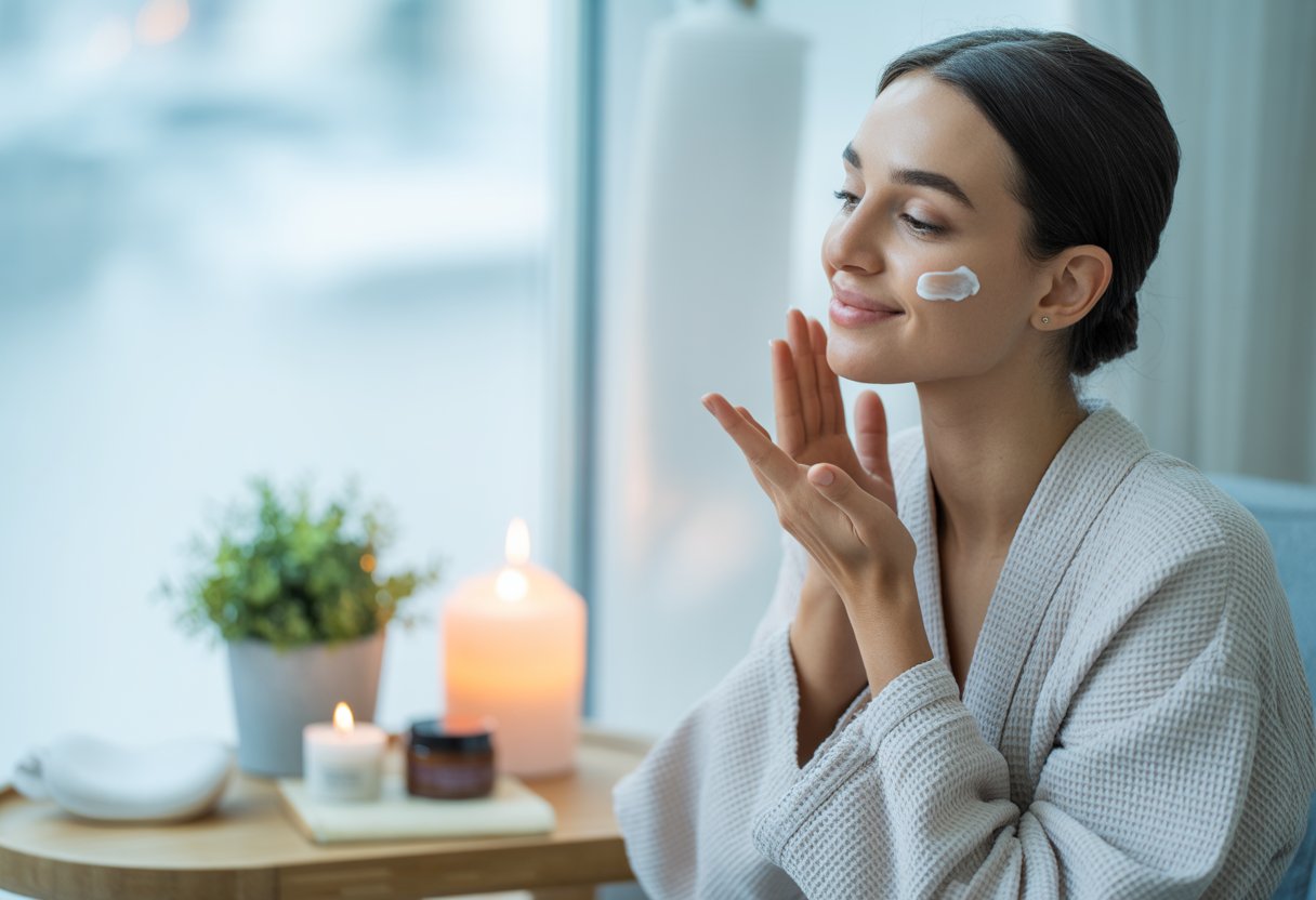 A young woman applying moisturizer to her face while sitting near a window with skincare products and a candle on a table.