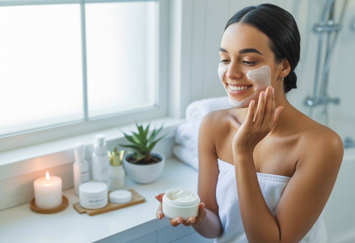 A woman applying skincare in a bright bathroom surrounded by wellness items like candles and plants.
