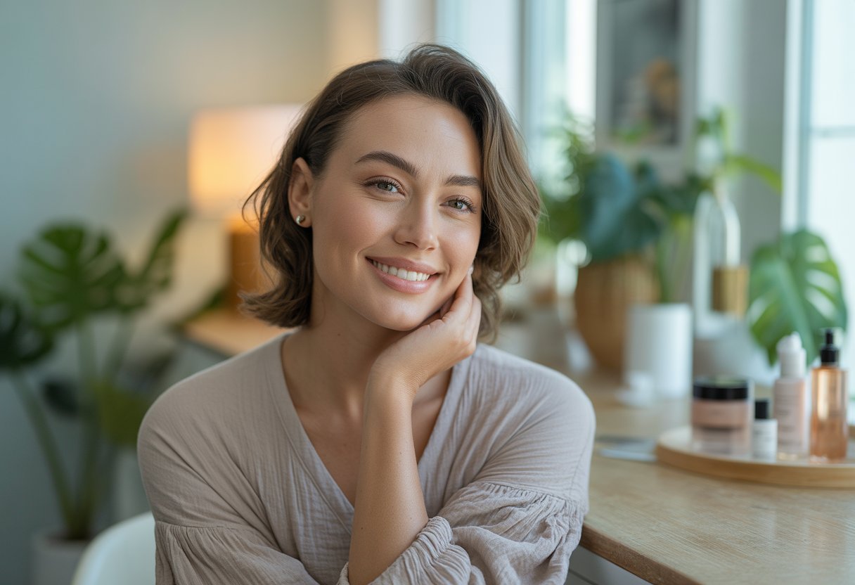 A smiling woman looking confidently at the camera in a bright room with plants and skincare products, radiating calm and self-care.