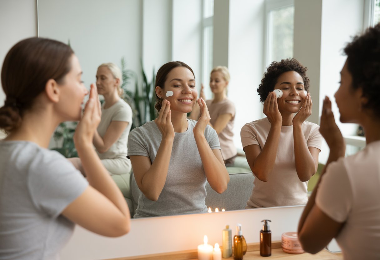 A group of diverse women practicing self-care with skincare and meditation in a bright, peaceful room.