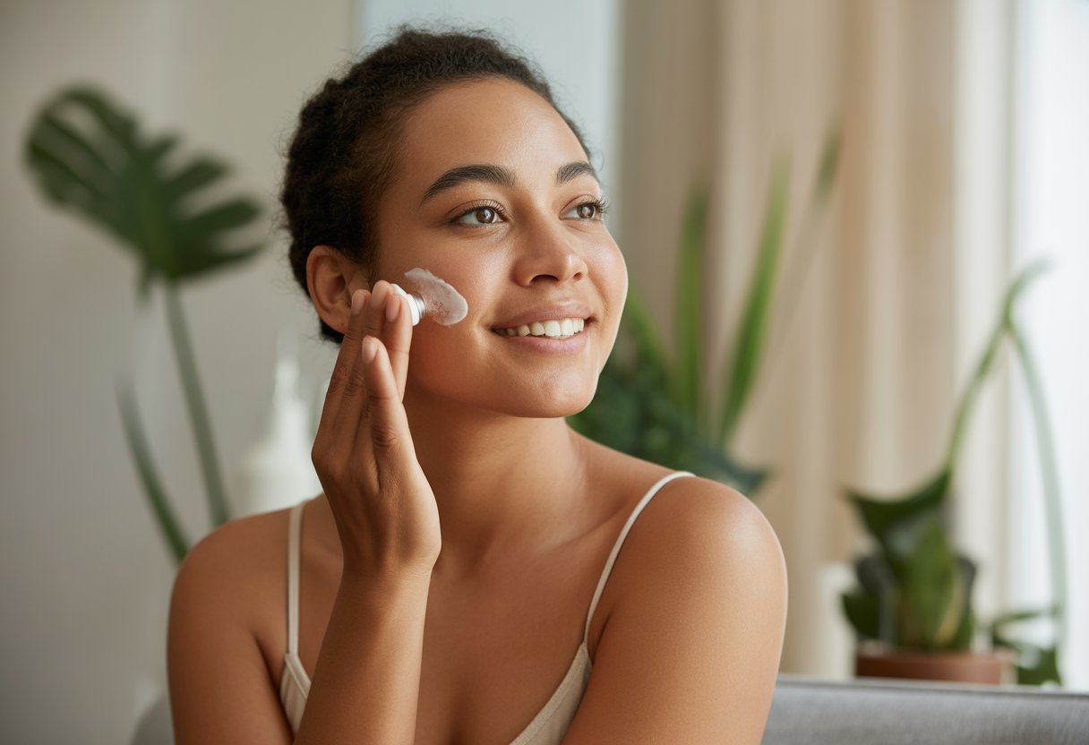 A woman applying facial moisturizer in a bright room, looking peaceful and content.