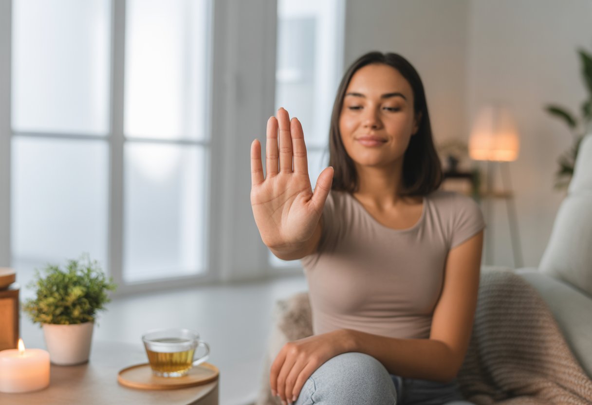 A calm young woman sitting in a bright living room holding up her hand in a gentle stop gesture surrounded by cozy self-care items.