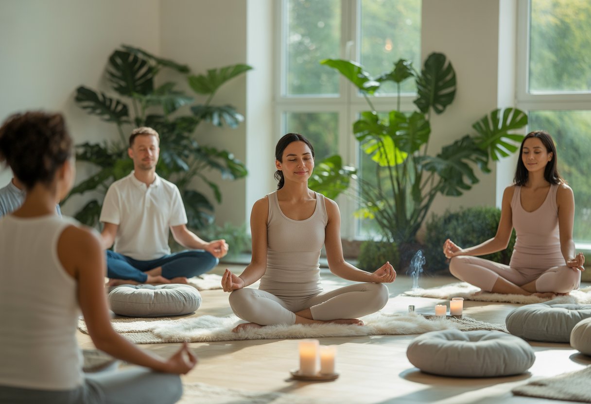 A diverse group of adults meditating peacefully indoors with natural light and plants around them.