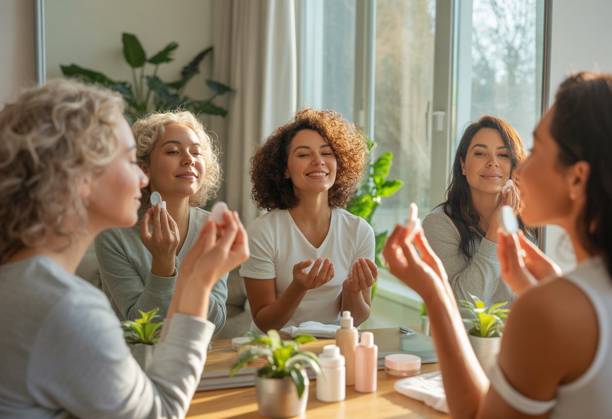 A diverse group of women practicing self-care activities like applying skincare and meditating in a bright, sunlit room filled with plants.