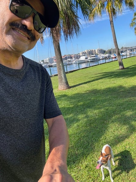 Sunil Badmani with his mini foxie, Alfie, on a morning walk