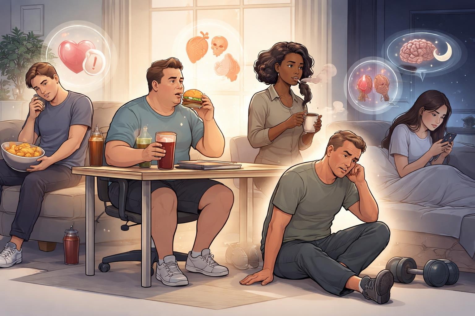 A group of people performing everyday activities that increase health risks, with subtle symbols representing health dangers around them.