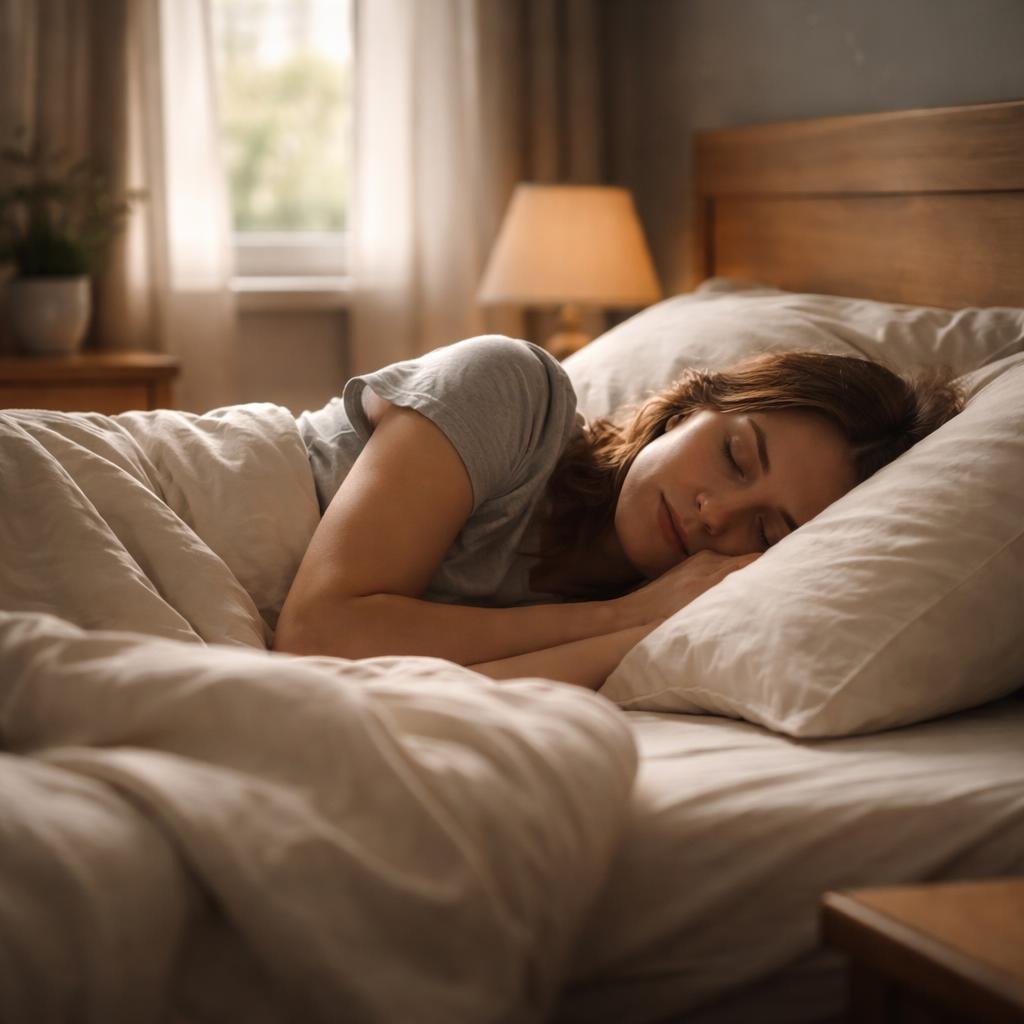 A person sleeping peacefully in a cozy bedroom with sunlight streaming through a window onto the bed and surrounding furniture.