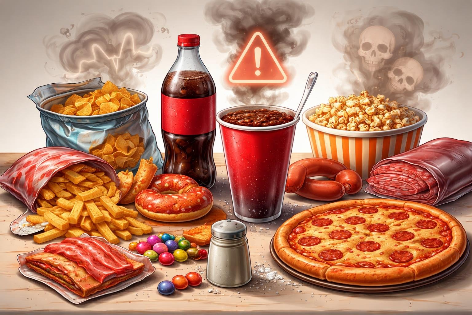 A table with various common foods subtly transforming into symbols representing hidden health risks.