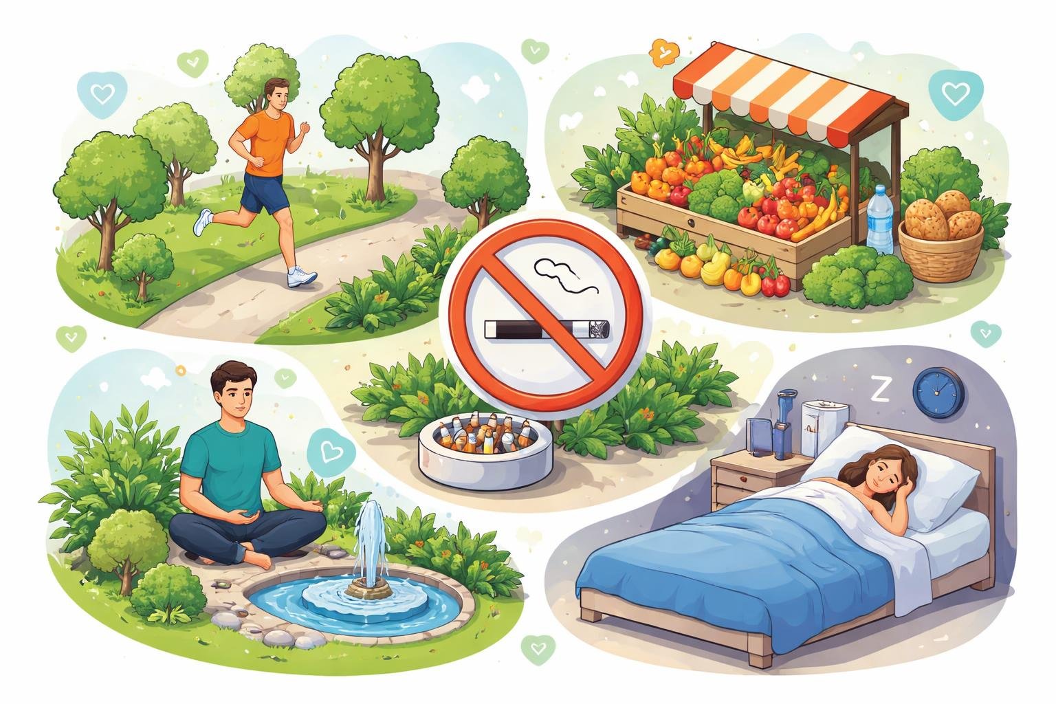 An isometric illustration showing people engaging in healthy activities such as jogging, eating fruits and vegetables, meditating, avoiding smoking, and sleeping well to prevent chronic disease.