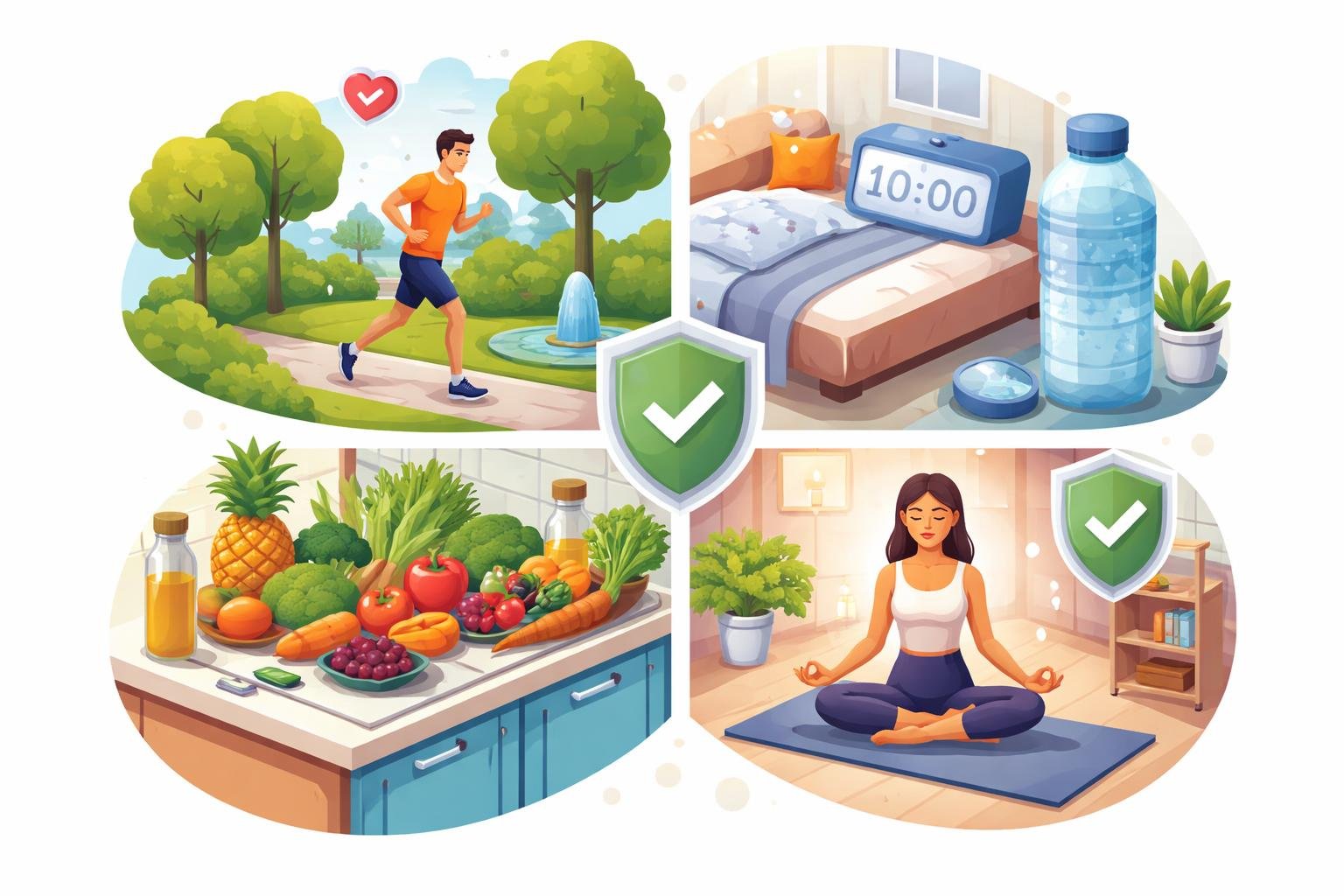 A person jogging in a park, fresh fruits and vegetables on a counter, someone meditating indoors, and symbols representing health and prevention arranged in a connected scene.
