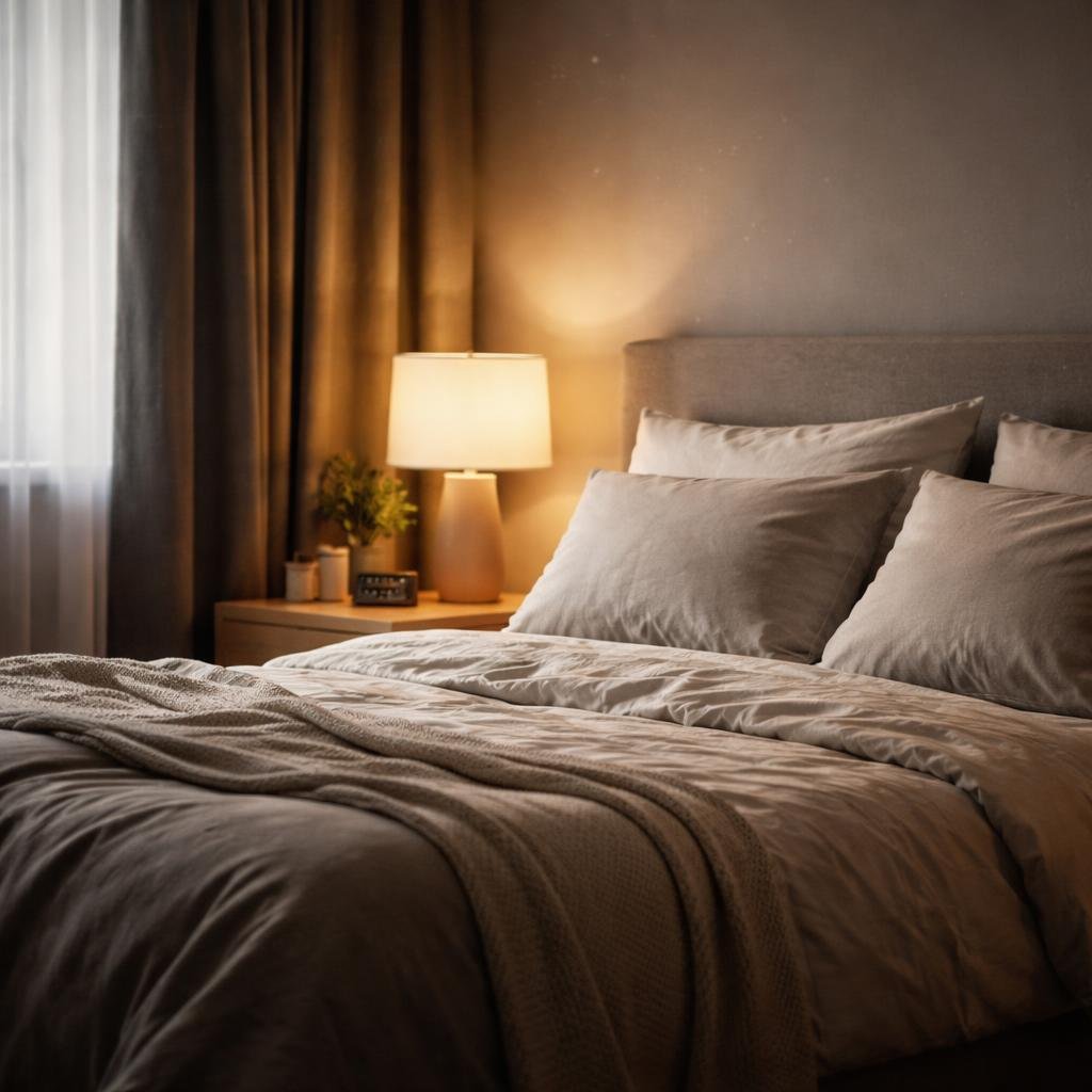 A calm bedroom with a neatly made bed, blackout curtains, and a softly glowing bedside lamp creating a restful sleep environment.