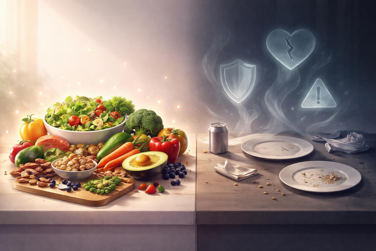 A table showing healthy foods on one side and empty plates on the other, with faint icons representing hidden health risks rising from the empty side.