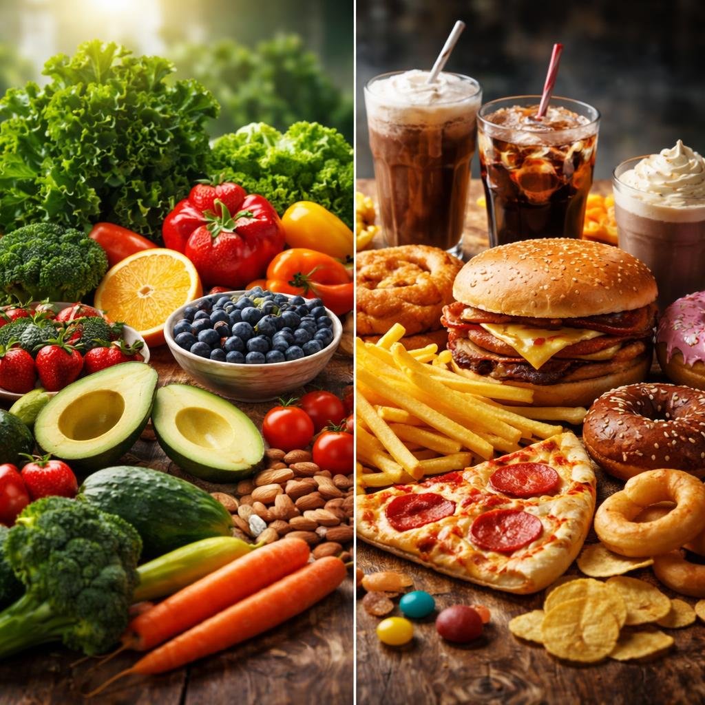 A close-up view of fresh fruits and vegetables on one side and processed fast food on the other, displayed on a wooden table.