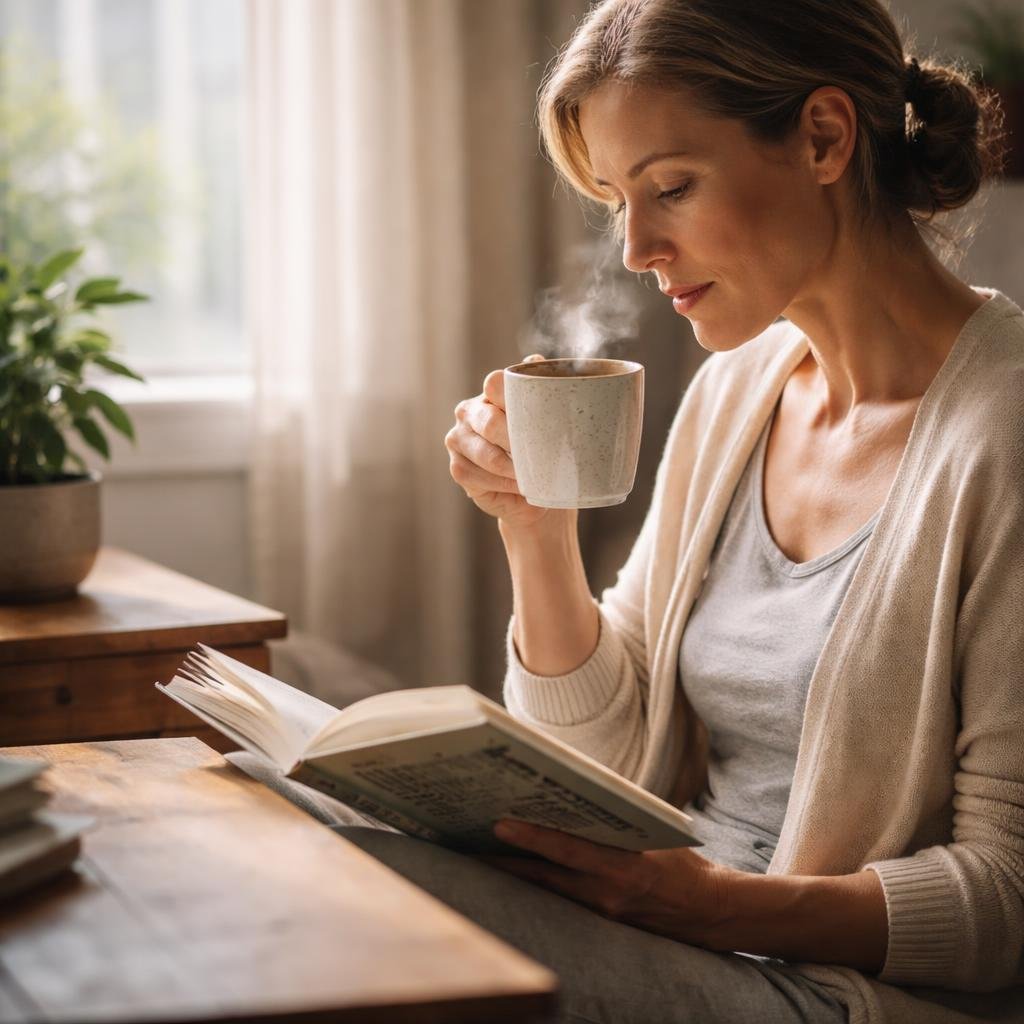 A person sitting by a sunlit window, drinking tea and reading a book in a cozy room with plants and natural light.