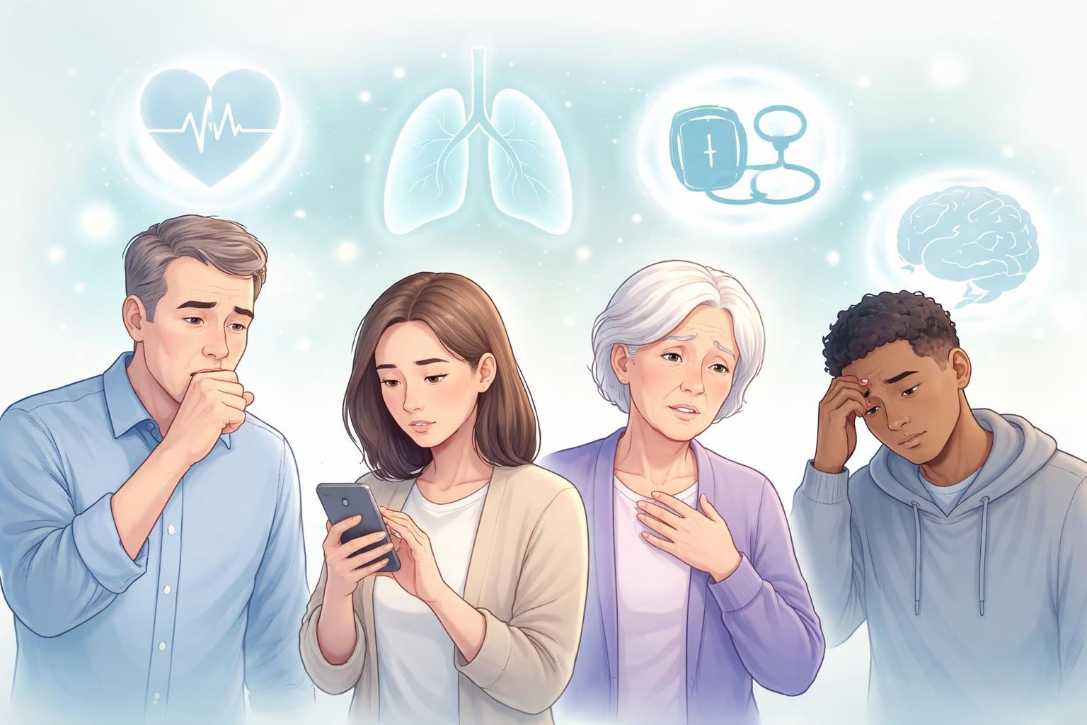 A group of diverse people surrounded by faint symbols representing hidden health risks like heart, lungs, blood pressure, diabetes, and stress.