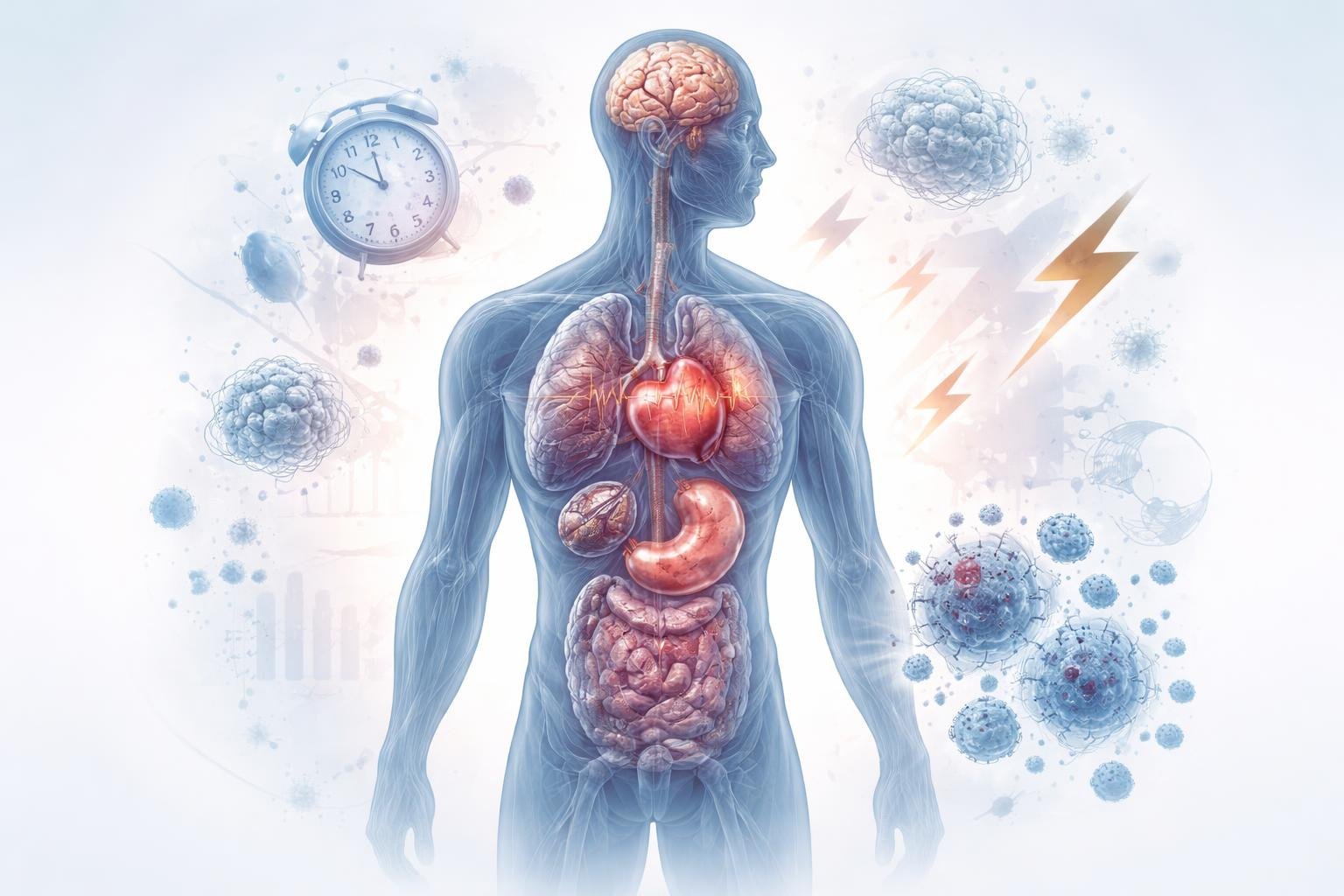 Illustration of a human body showing internal organs affected by chronic stress, with visual highlights on the brain, heart, stomach, and immune system surrounded by abstract stress symbols.