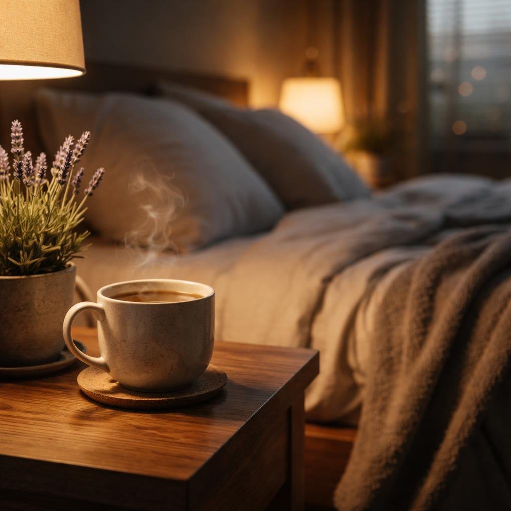 A calm bedroom at dusk with a steaming cup of tea and a lavender plant on a bedside table next to a neatly made bed.