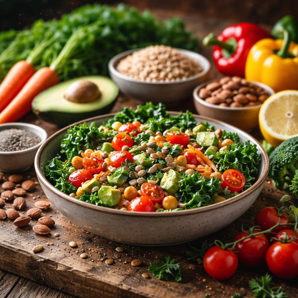 A close-up of a bowl of fresh mixed salad with colorful vegetables, grains, nuts, and seeds on a wooden table.