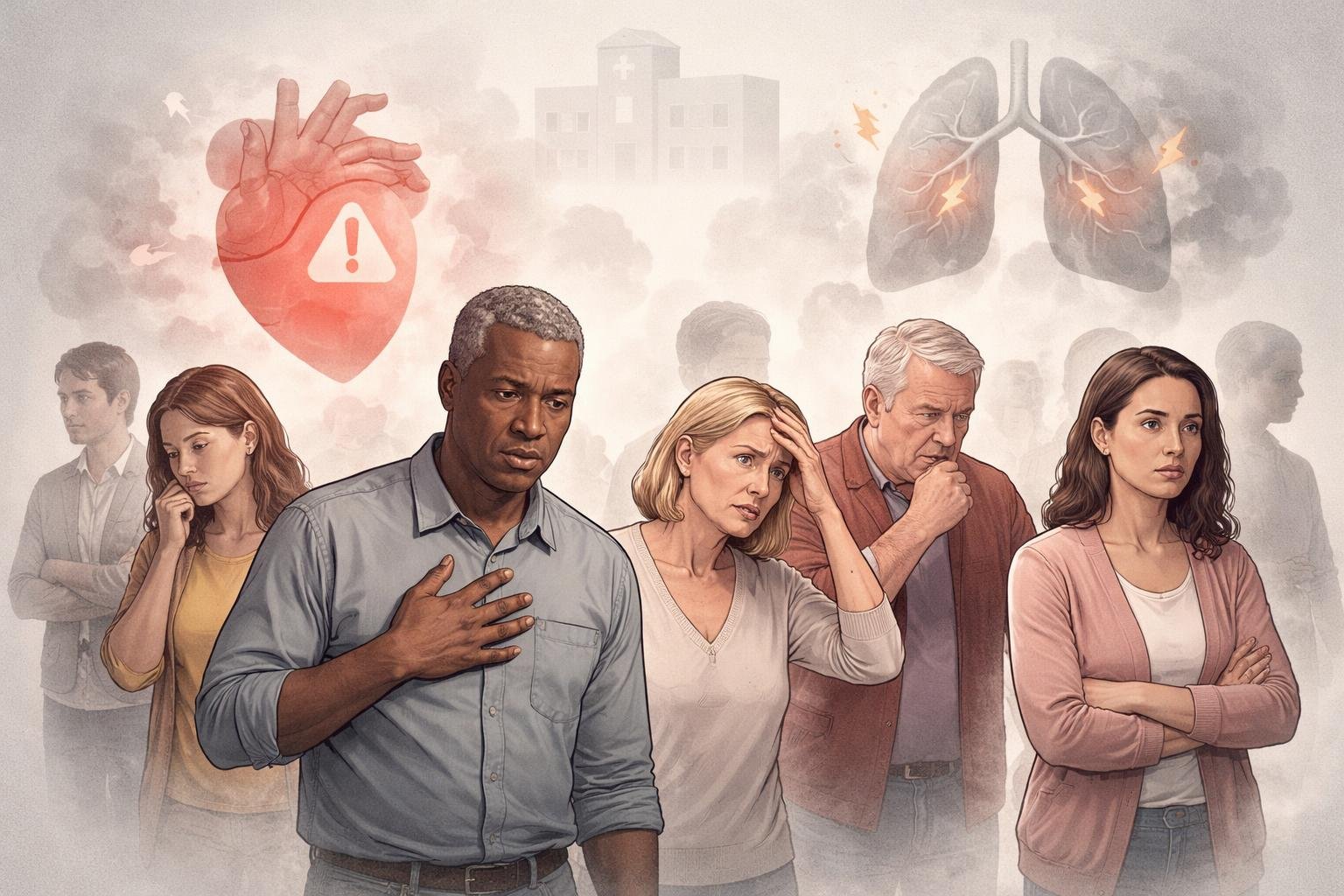 A group of diverse adults surrounded by subtle health risk symbols like a heart, lungs, and brain, showing concern and contemplation.