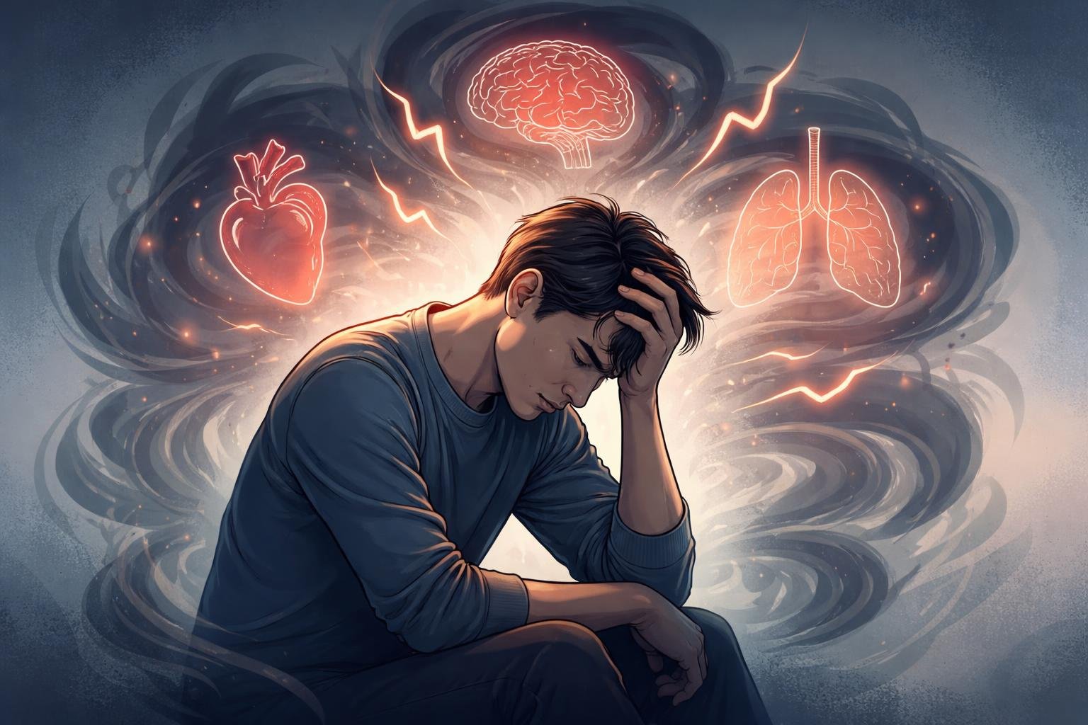 A person holding their head surrounded by abstract shapes and outlines of organs, symbolizing stress affecting mental and physical health.
