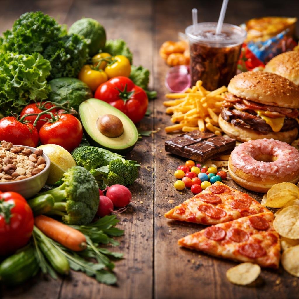 A wooden table displaying fresh vegetables on one side and processed foods on the other, illustrating a contrast between healthy and unhealthy eating choices.