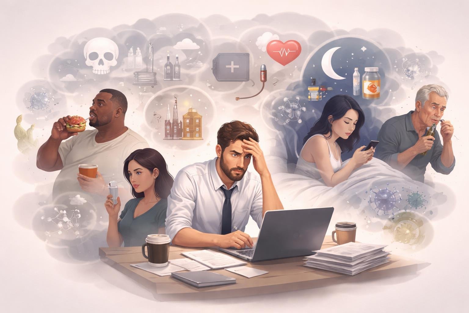 A group of people surrounded by abstract symbols representing hidden health and lifestyle risks.