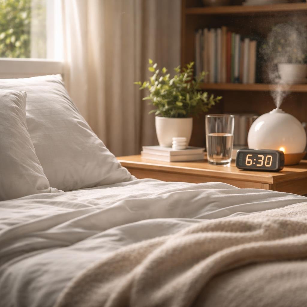 A peaceful bedroom scene with a neatly made bed, a glass of water on a bedside table, and soft morning light coming through a window.