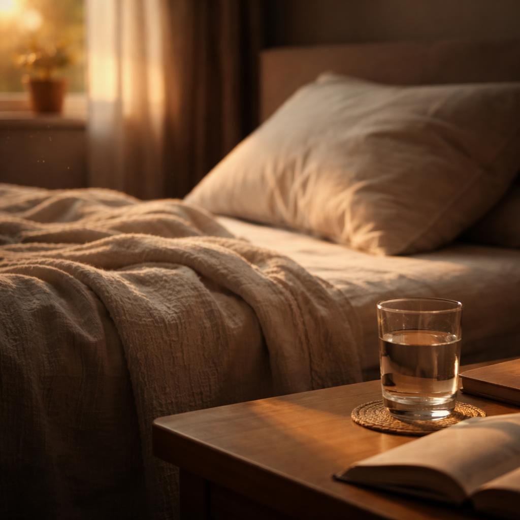 A peaceful bedroom scene with a neatly made bed, soft pillows, a bedside table with a glass of water and an open book, bathed in warm natural light coming through a window.