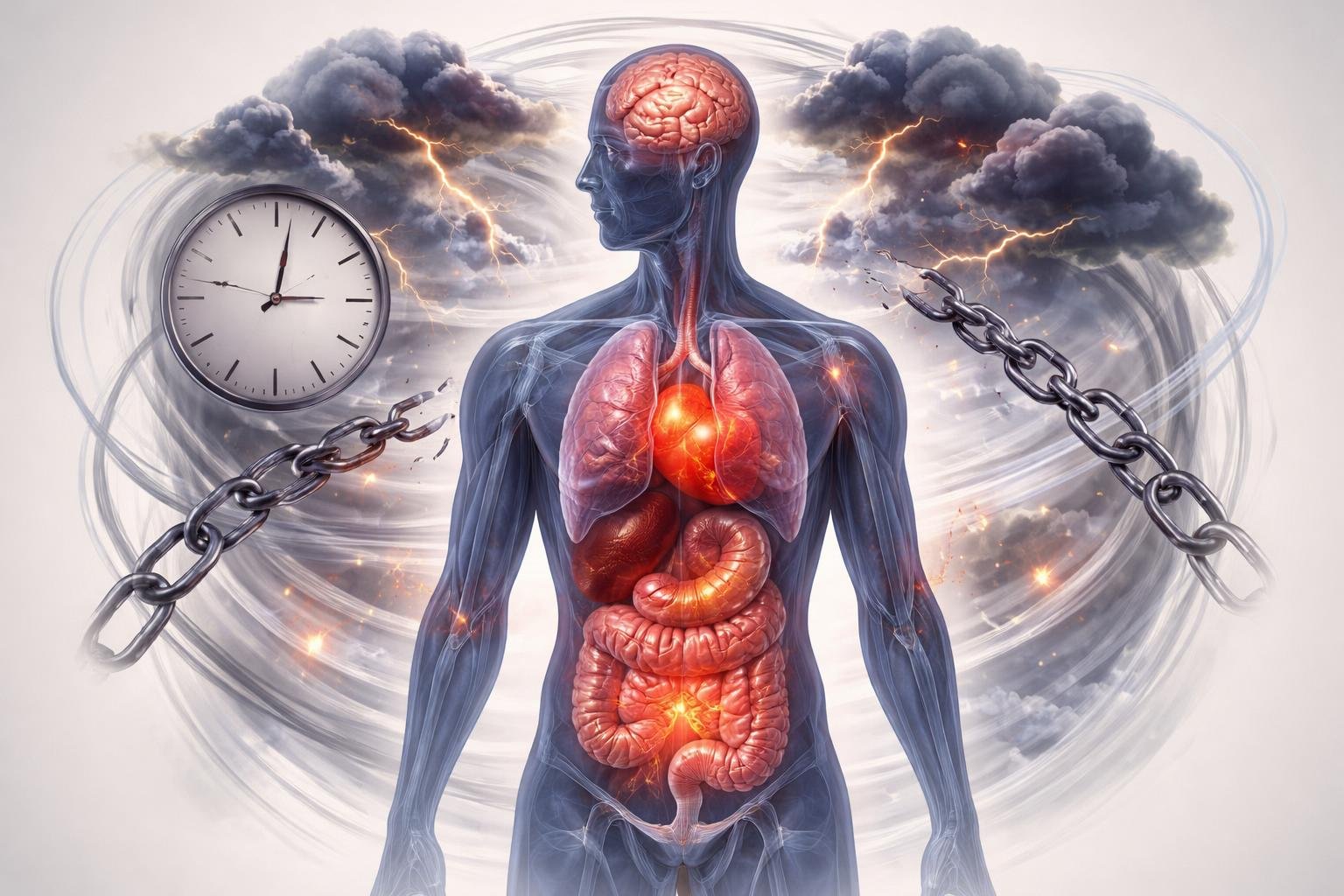 A human figure with visible internal organs surrounded by abstract shapes symbolizing stress and inflammation affecting the body.