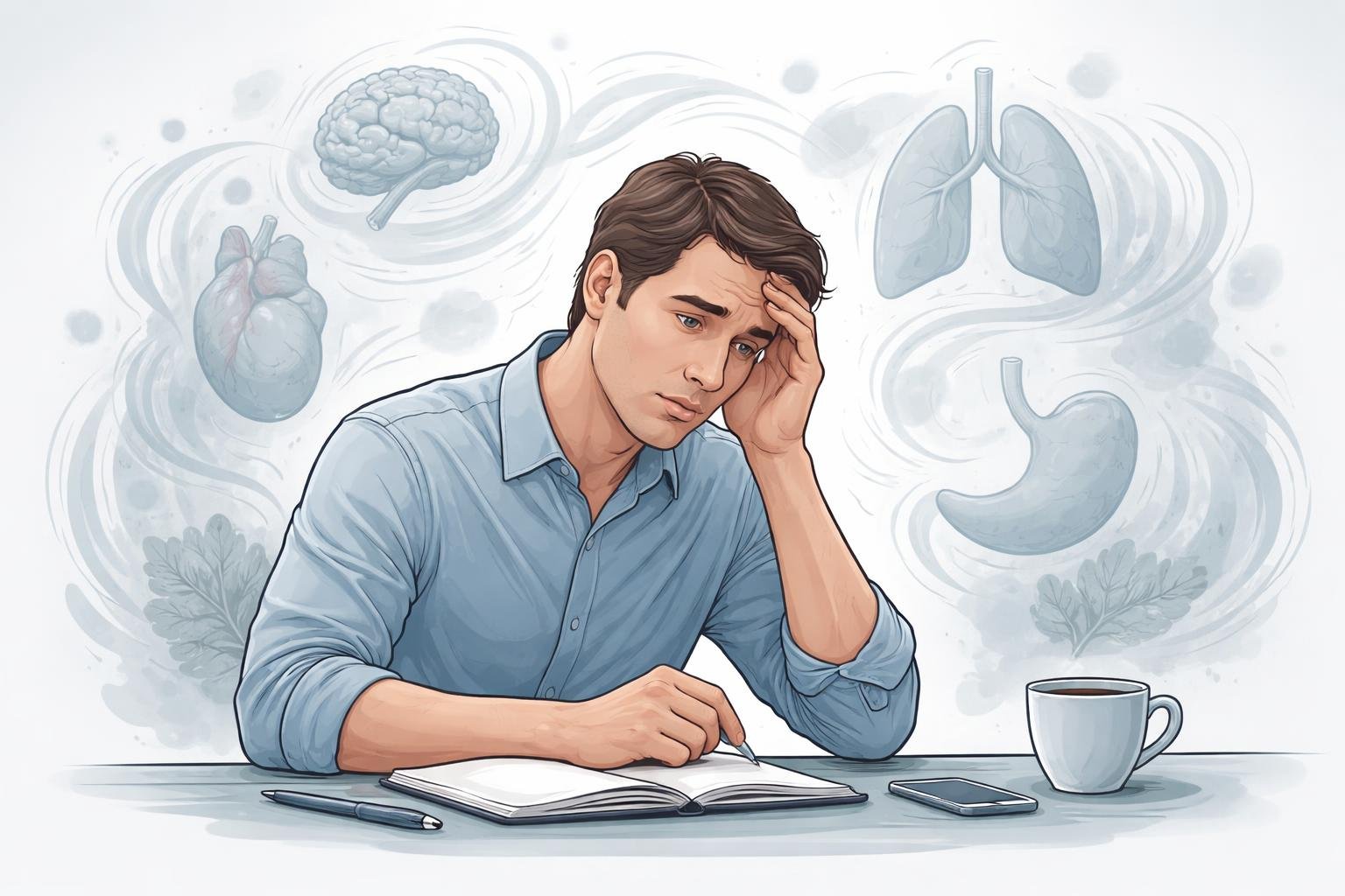 A person sitting at a desk looking worried, surrounded by abstract shapes and outlines of organs representing stress and chronic health conditions.