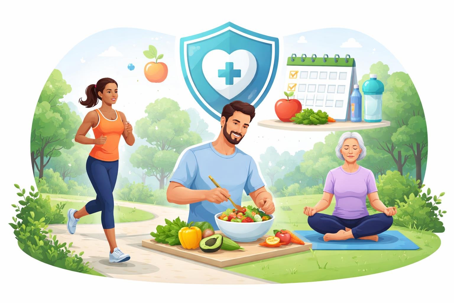 A diverse group of people engaging in healthy activities like jogging, preparing salad, and doing yoga outdoors with health-related symbols in the background.