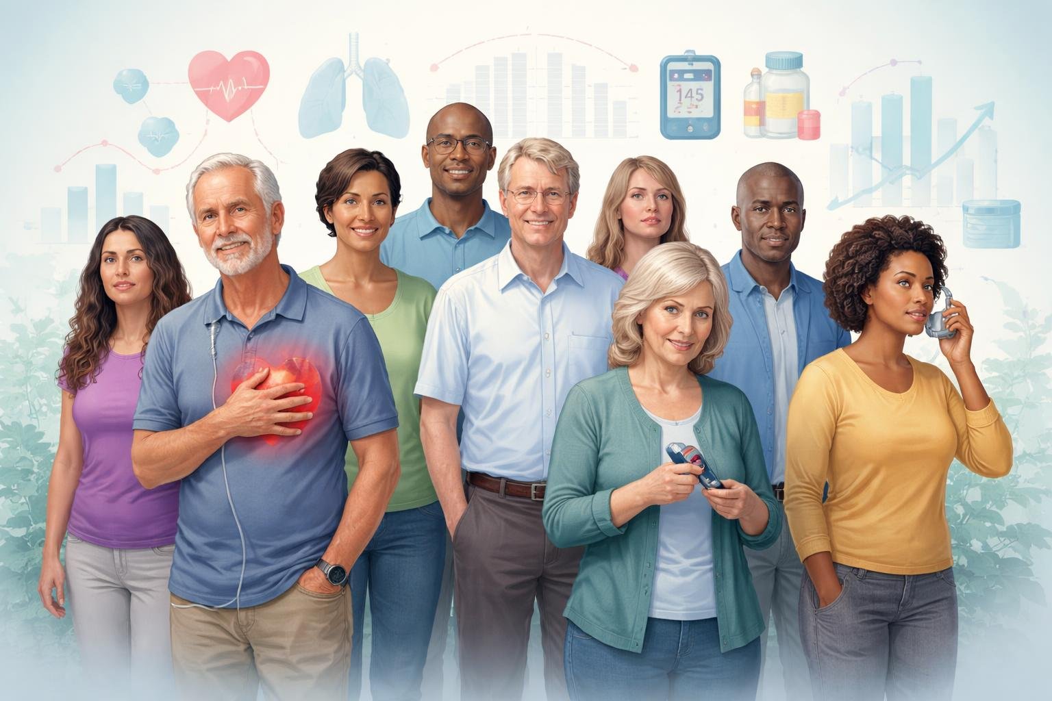 A group of diverse adults showing various health conditions, surrounded by medical icons and abstract charts representing the prevalence of chronic illnesses.
