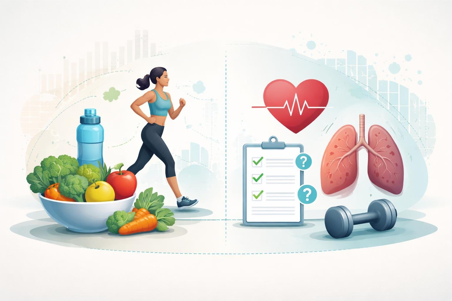 An illustration showing healthy lifestyle elements like fruits and exercise alongside symbols of chronic conditions and medical charts, suggesting the question of whether chronic diseases can be prevented.