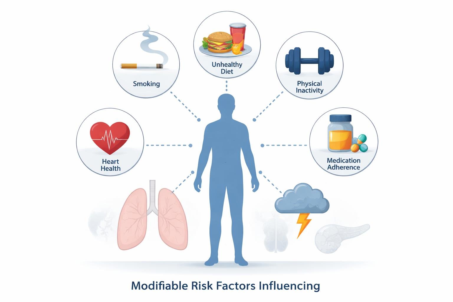 A human silhouette surrounded by icons representing smoking, unhealthy food, exercise, stress, and medication, connected to outlines of common chronic diseases.