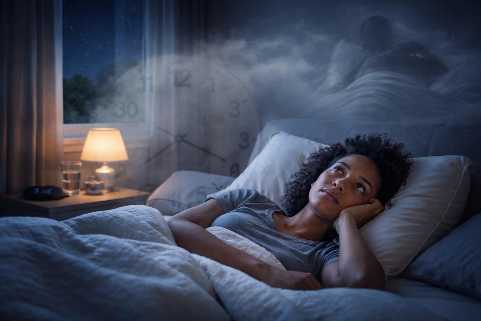 A person lying awake in bed at night, looking restless in a softly lit bedroom with a window showing a starry night.