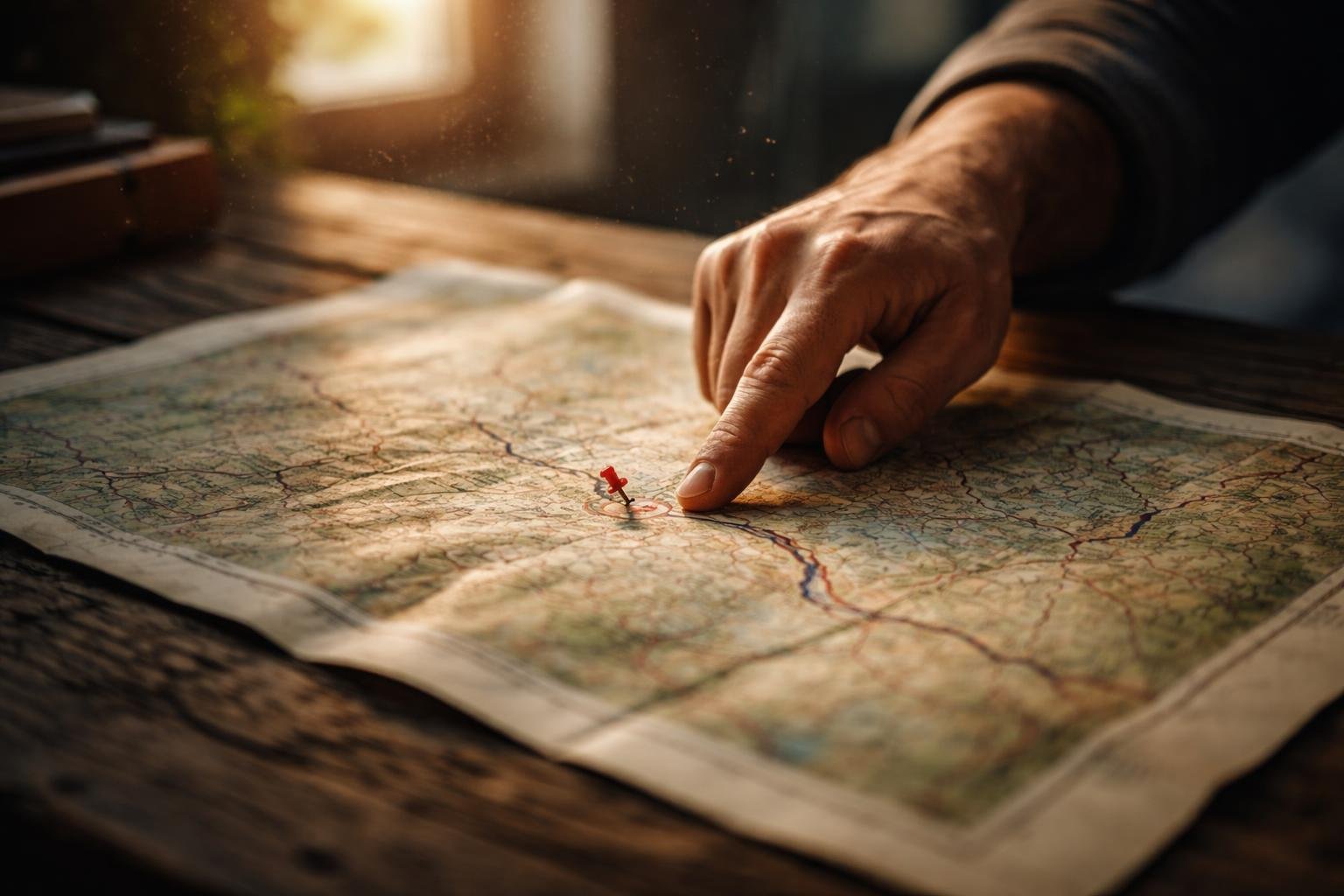A hand points to the starting point on a textured map laid out on a wooden table, with soft natural light and dust particles visible in the air.