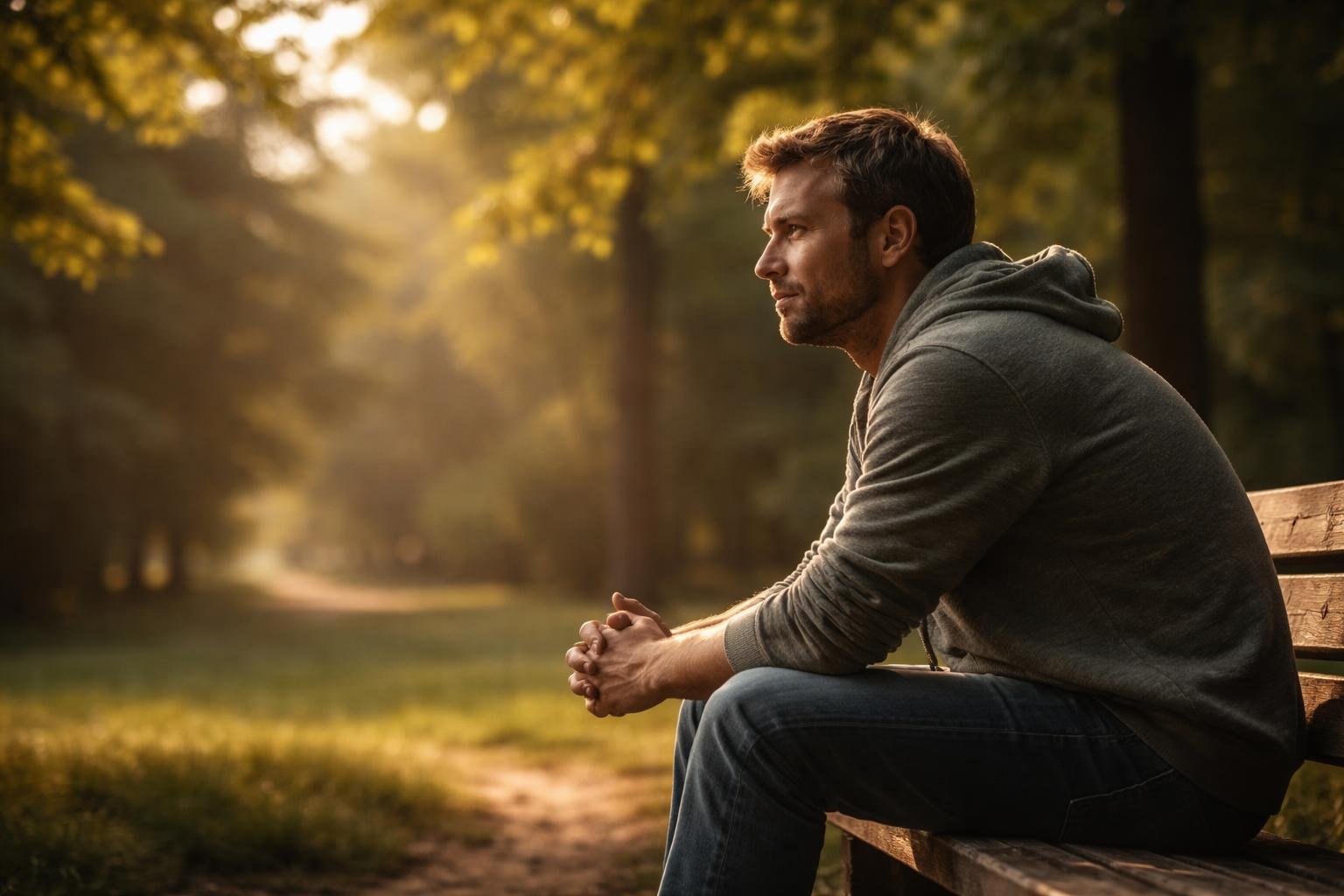 A person sitting alone on a wooden bench in a sunlit park, looking thoughtfully into the distance.