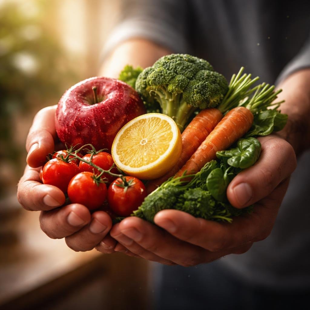 Close-up of hands holding fresh fruits and vegetables symbolizing health and prevention, with a softly blurred warm background.