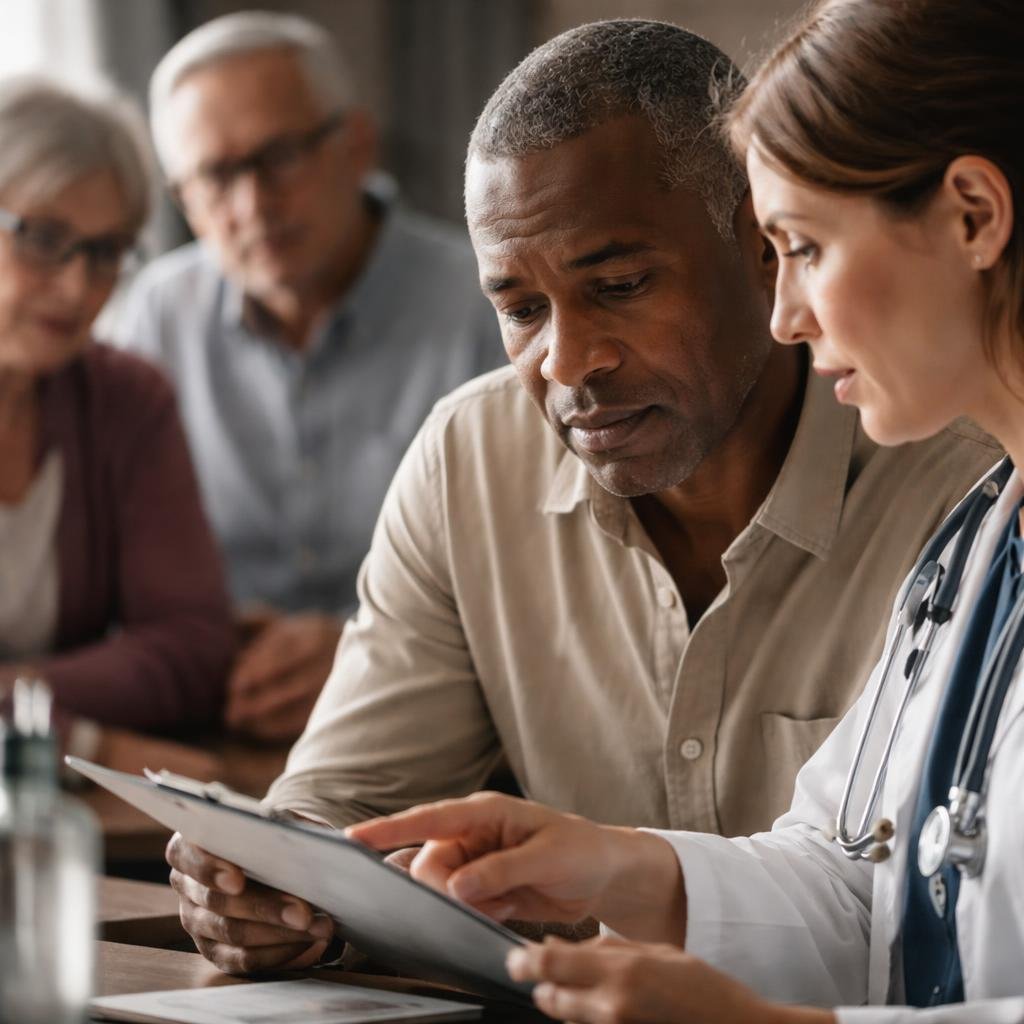 A healthcare professional consulting with a patient during a health screening, focusing on their focused expressions and interaction.