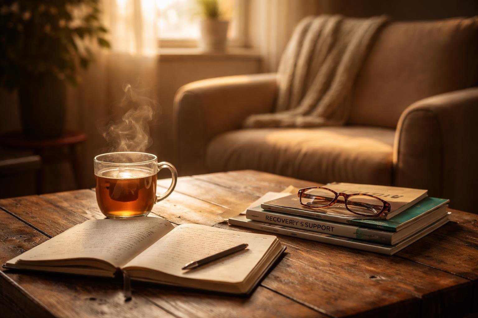 A sunlit room with a wooden table holding a journal, a cup of tea, and reading glasses, with a cozy armchair and blanket in the background.