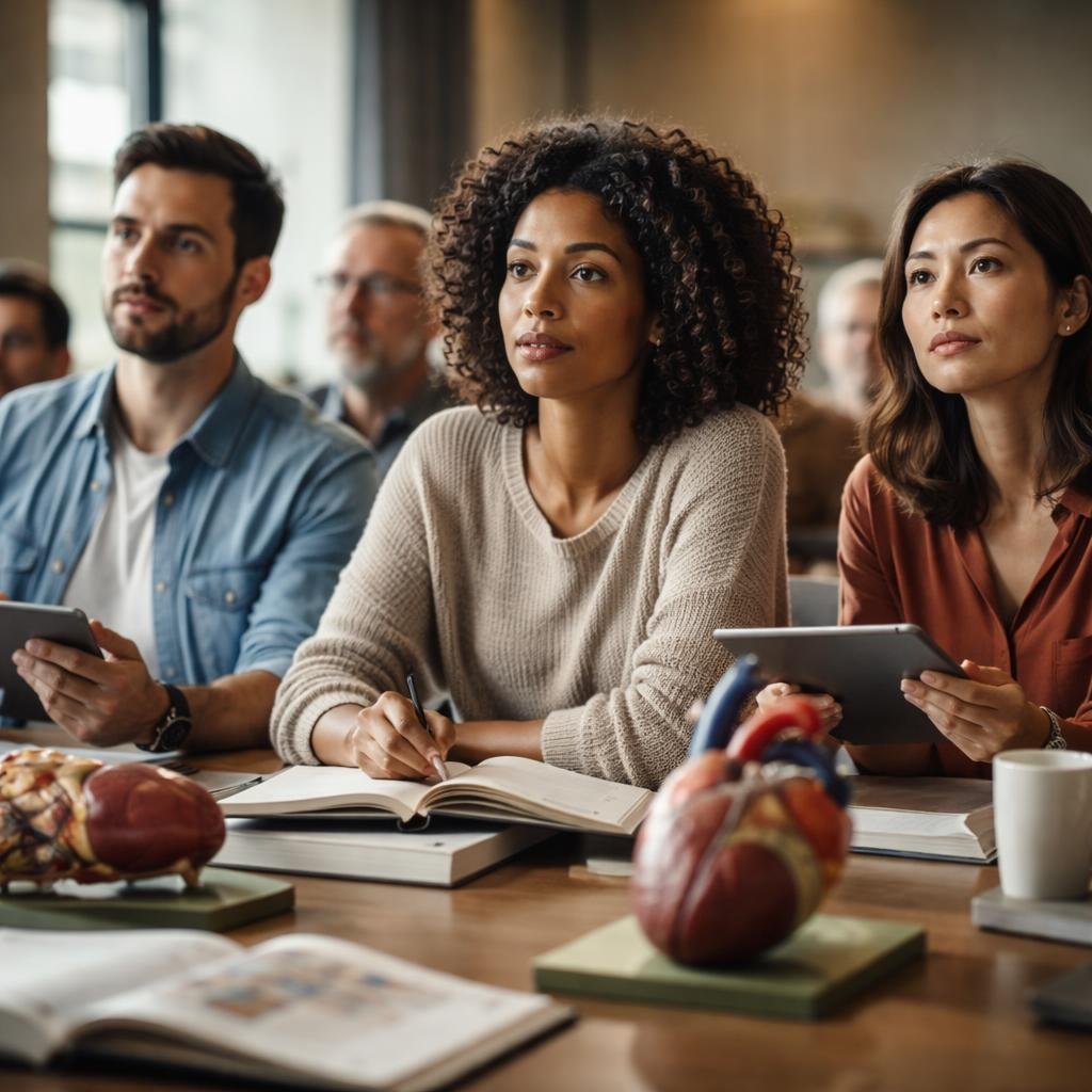 A group of adult students attentively studying anatomical models and textbooks in a modern classroom focused on disease prevention education.